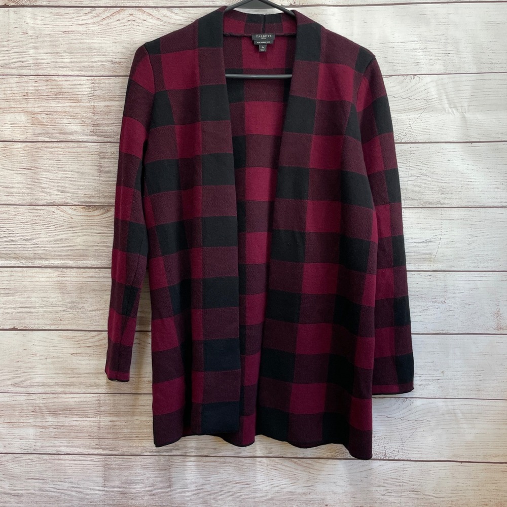 EXCELLENT CONDITION TALBOTS MERINO WOOL CARDIGAN SWEATER IN RED AND BLACK PLAID